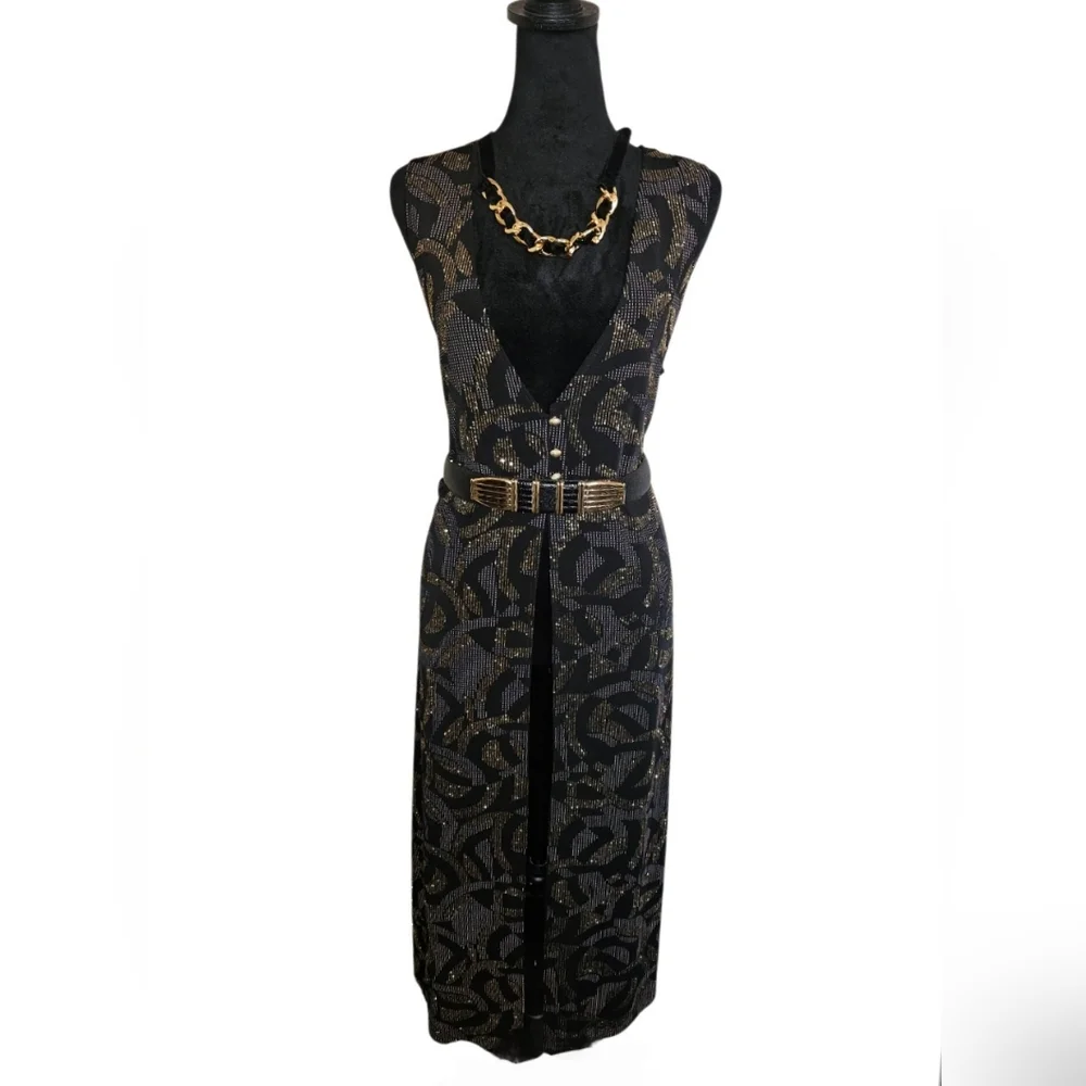 Vintage 90's Midnight Velvet Black & Gold Glitter Abstract Evening Duster Size L